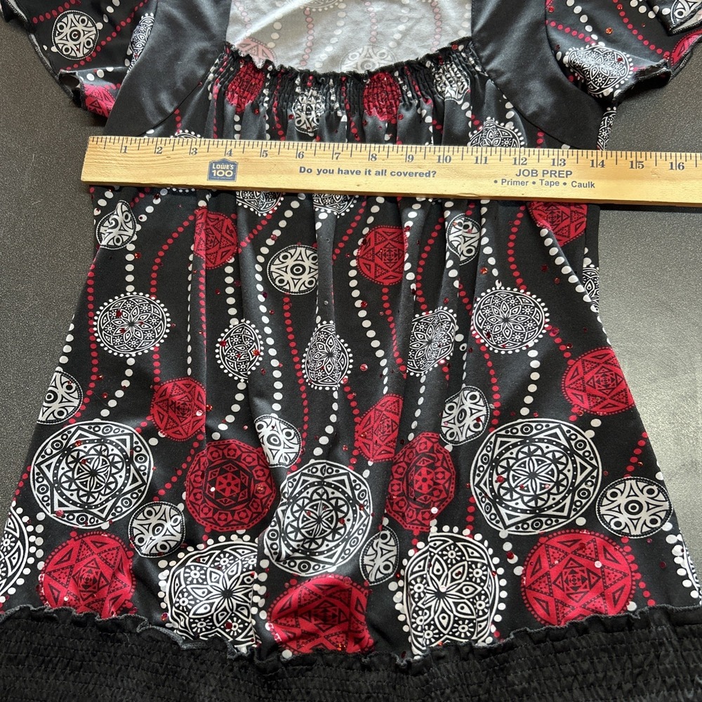 Vintage Y2K Babydoll Top Size M Swirl‎ Red Black Abstract Artsy Empire Waist - Picture 3 of 7